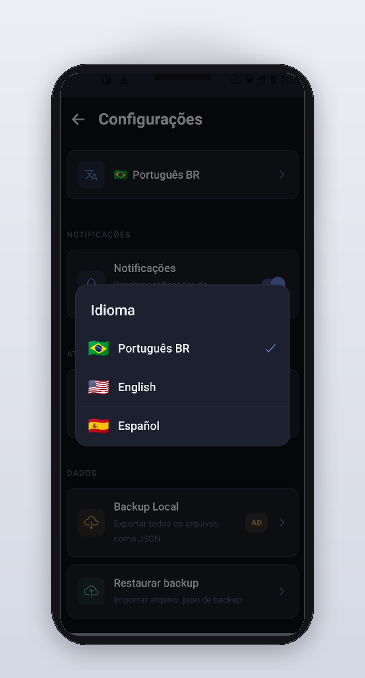 Modo Foco e Tema Escuro